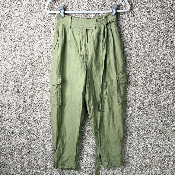 Wilfred Pants Women’s 4 Aritzia Green Linen Blend High Rise Ankle Cropped Cargo - Picture 1 of 8